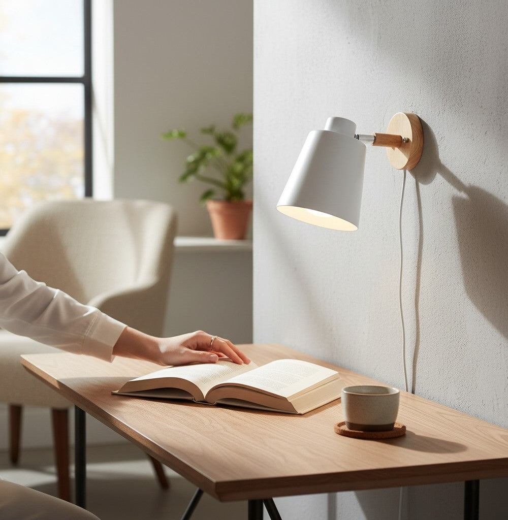 Applique murale Lumeoo en bois et métal blanc style scandinave au-dessus d'un bureau avec une personne qui lit