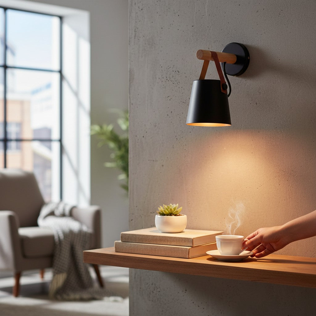 Applique murale Lumeoo au design scandinave avec abat-jour conique noir, support en bois et sangle en cuir