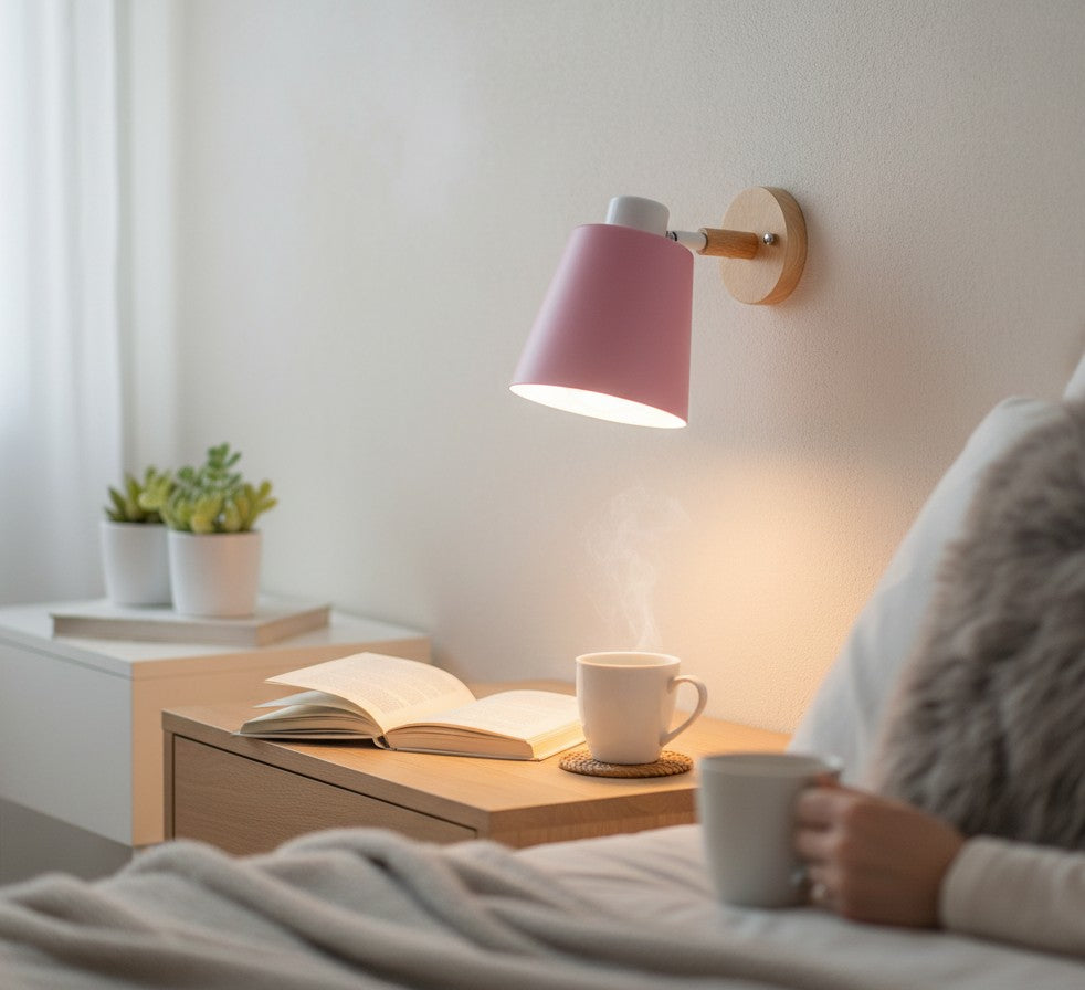 Applique murale Lumeoo en bois et abat-jour rose style nordique pour une ambiance cosy au-dessus d'un lit