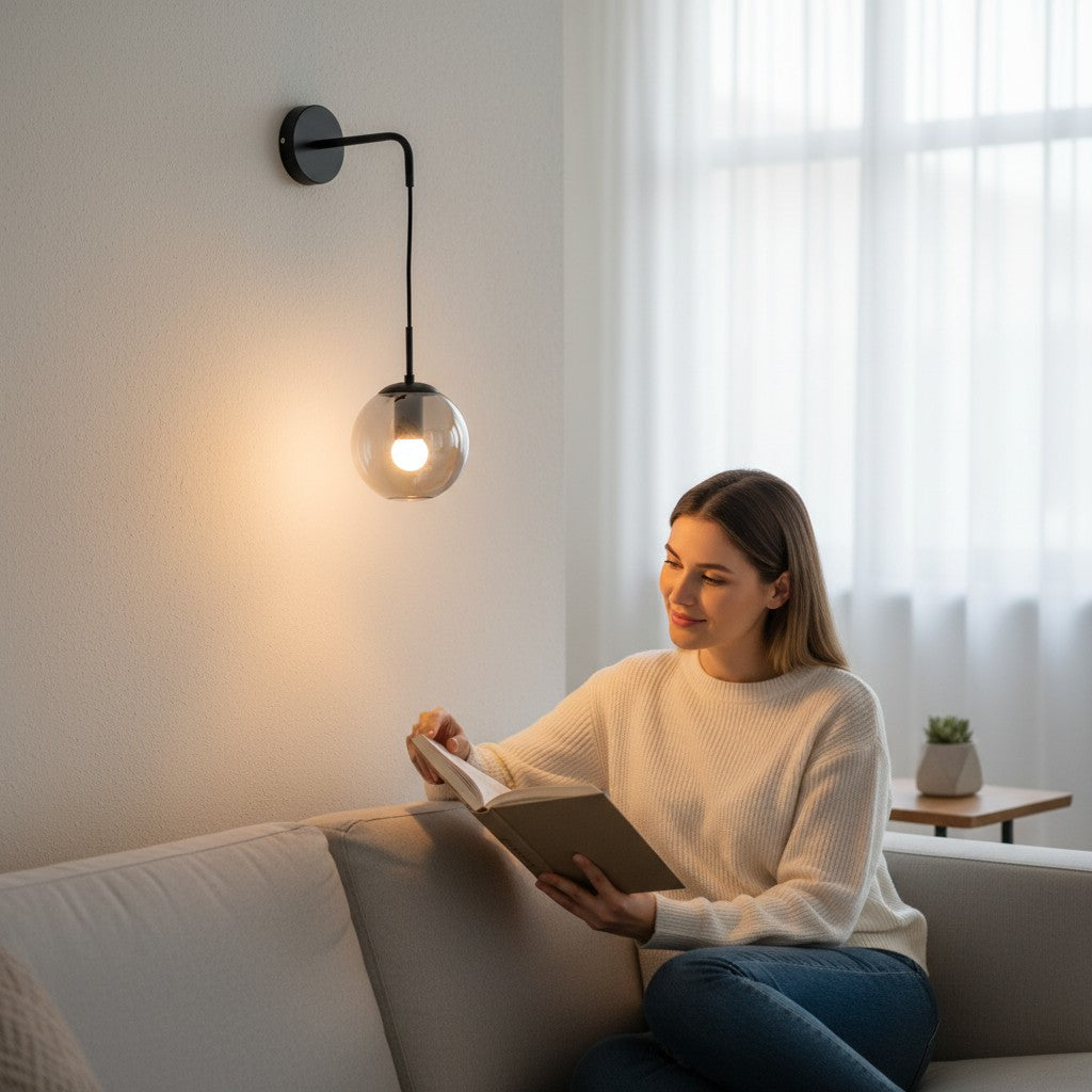 Femme lisant sous une applique murale Lumeoo NORGLAX avec boule en verre suspendue et support noir dans un salon cosy