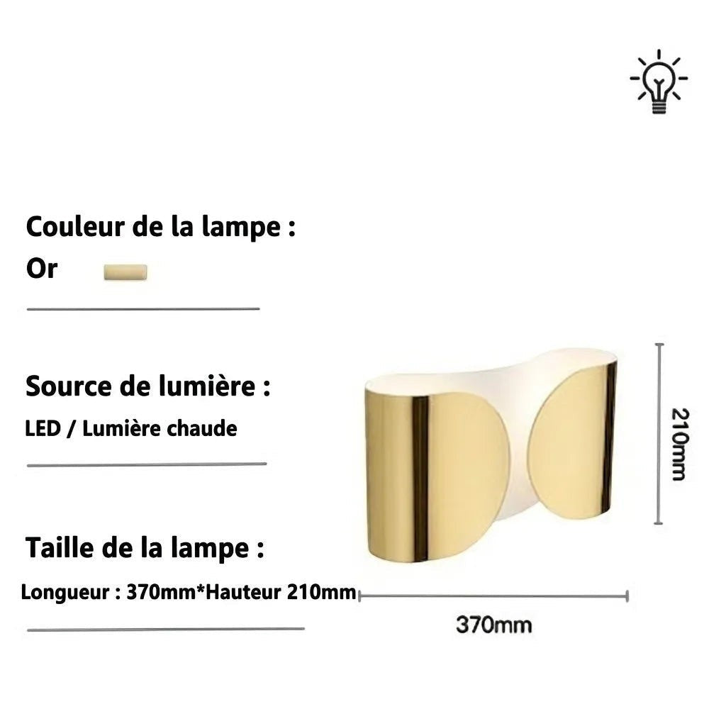 Applique murale Lumeoo WALOVA design moderne en métal doré avec éclairage LED chaud, forme incurvée élégante