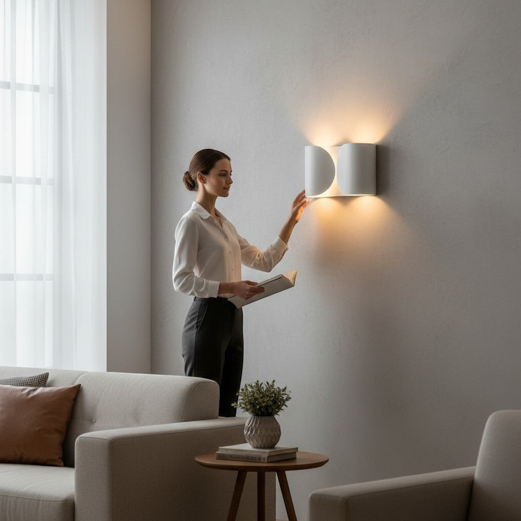 Applique murale design moderne Lumeoo blanche en forme de demi-cercles diffusant une lumière douce dans un salon