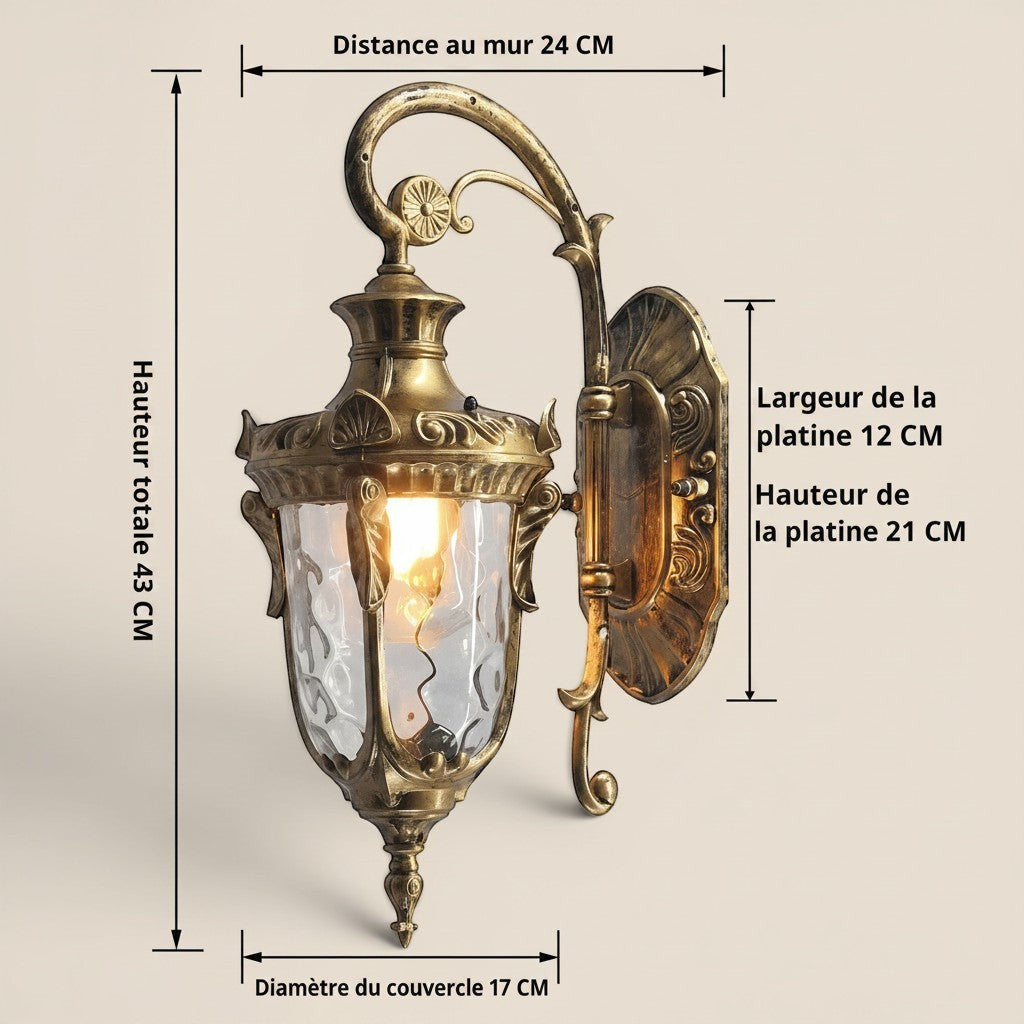 Applique murale Lumeoo DURALUX style européen en métal doré vieilli avec verre texturé pour intérieur et extérieur