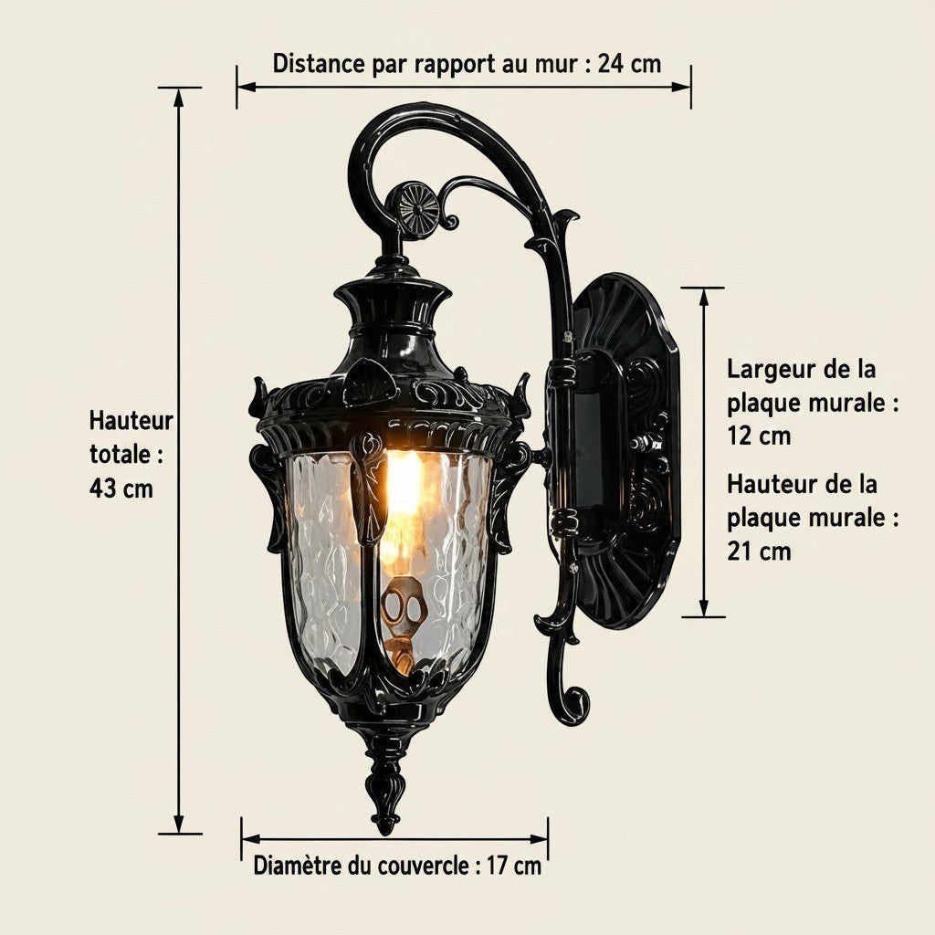Applique murale Lumeoo DURALUX noire style européen avec verre texturé et dimensions techniques pour extérieur