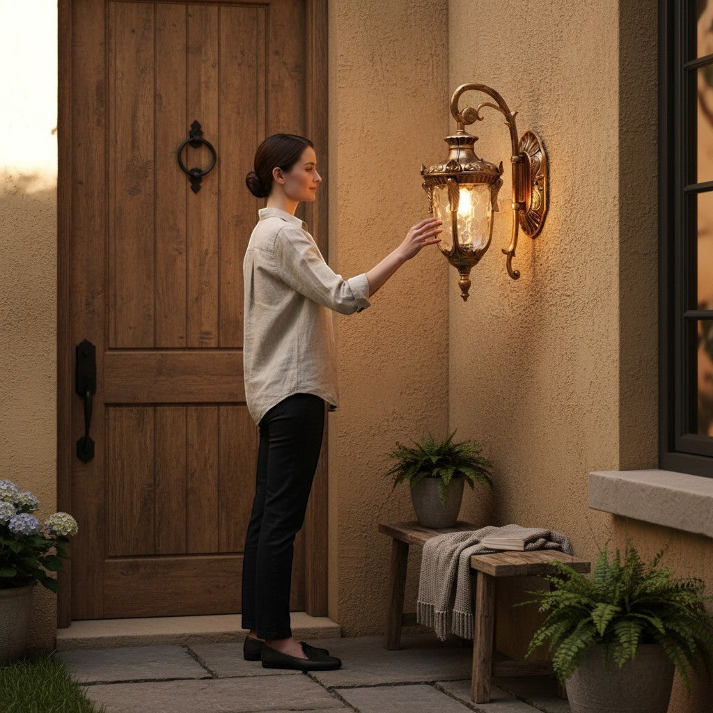 Femme touchant une applique murale Lumeoo style européen en métal doré et verre près d'une porte en bois rustique
