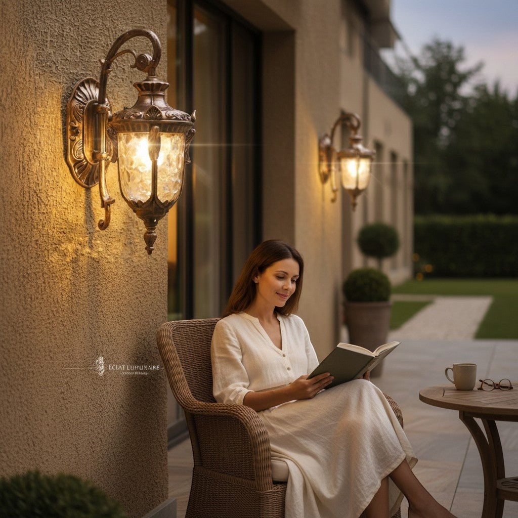 Applique murale Lumeoo DURALUX style européen en métal bronze avec éclairage LED chaleureux sur une terrasse Image