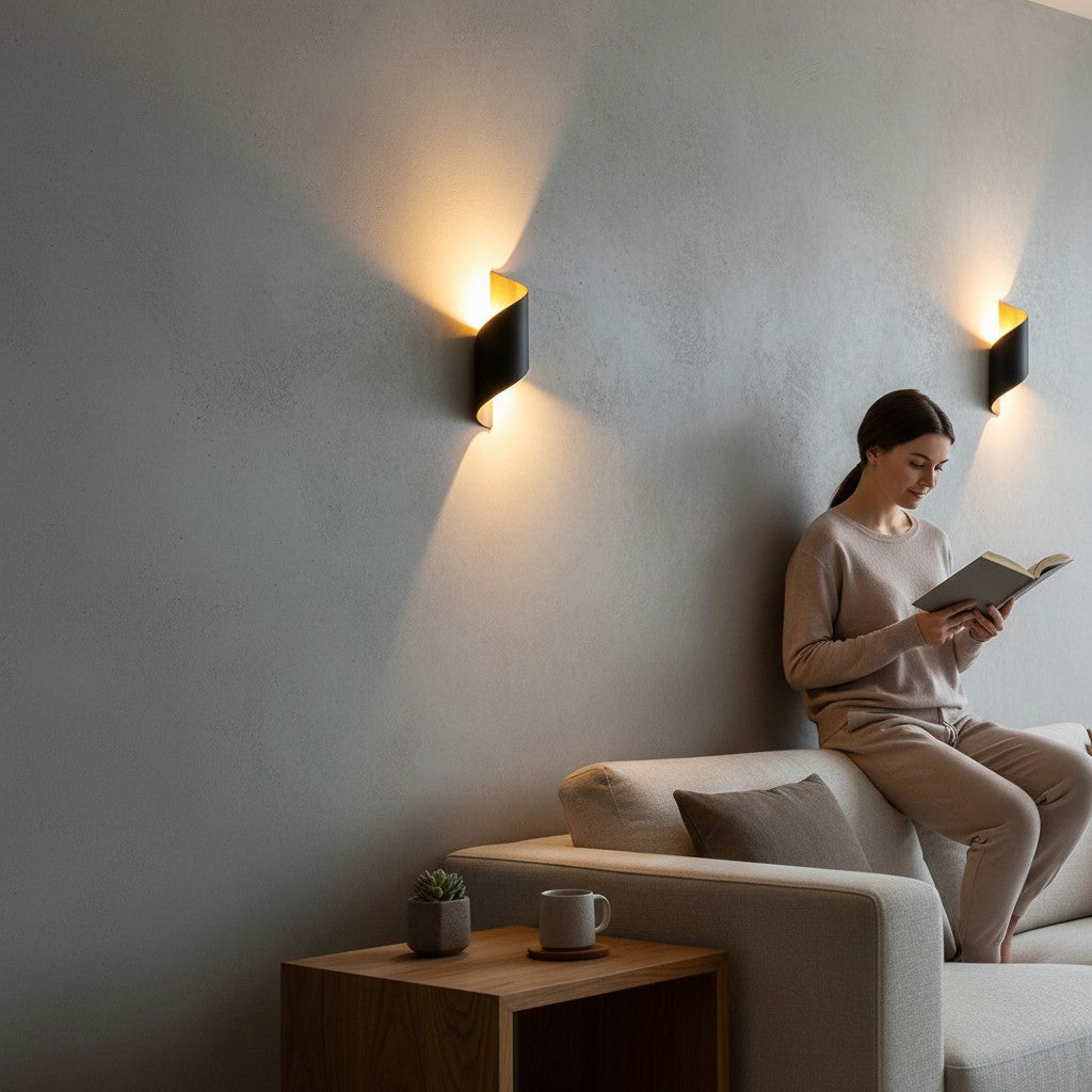 Applique murale Lumeoo noire et dorée au design incurvé moderne, éclairant une femme lisant sur un canapé beige.