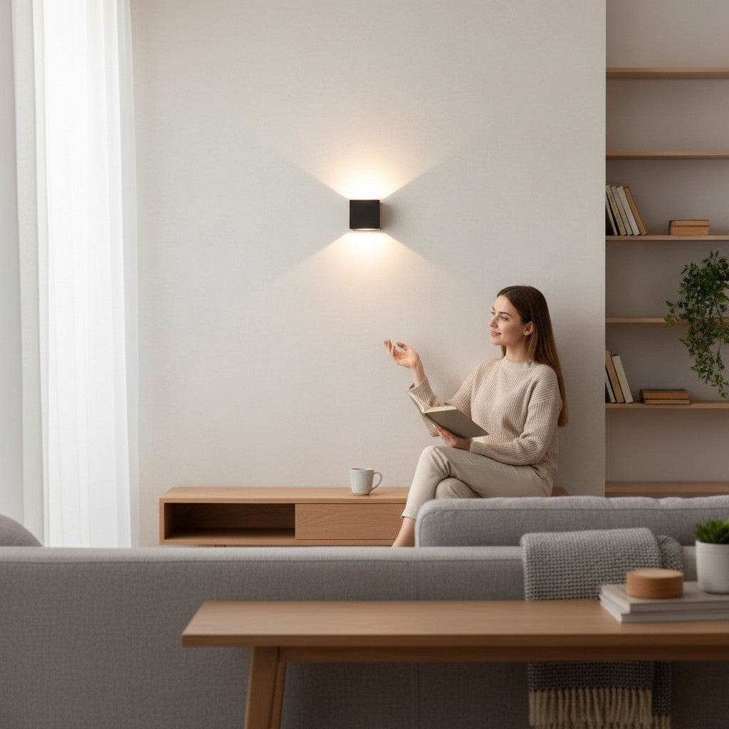 Applique murale Lumeoo GATILUX noire carrée à faisceau LED double, installée dans un salon moderne et chaleureux.