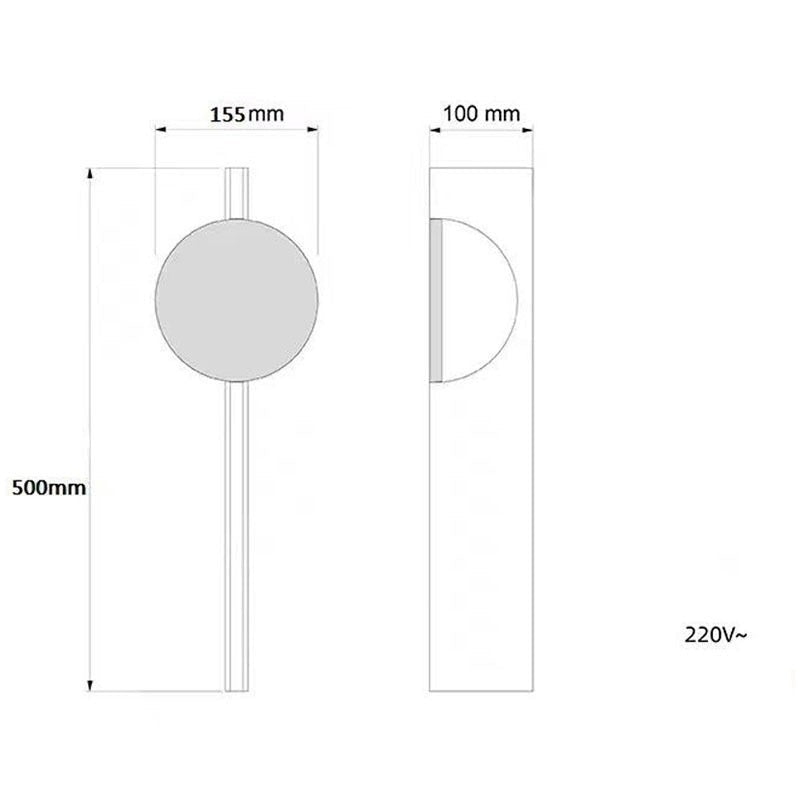 Schéma technique des dimensions de l'applique murale Lumeoo STEELIX en inox, hauteur 500mm, largeur 155mm.