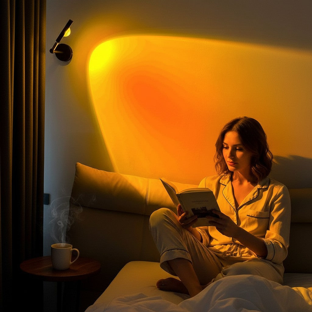 Applique murale Lumeoo SUNWALL projetant une lumière coucher de soleil chaude sur une femme lisant dans son lit.