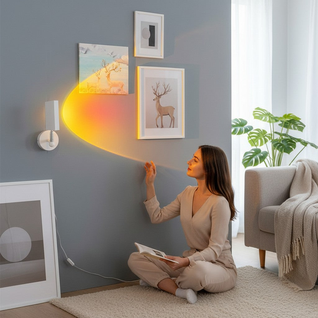 Applique murale Lumeoo SUNWALL LED projetant une lumière coucher de soleil apaisante sur un mur gris dans un salon.