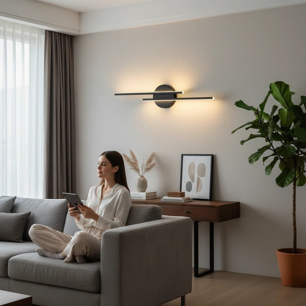 Applique murale Lumeoo double linéaire LED noire dimmable dans un salon moderne avec une femme lisant sur un canapé Image