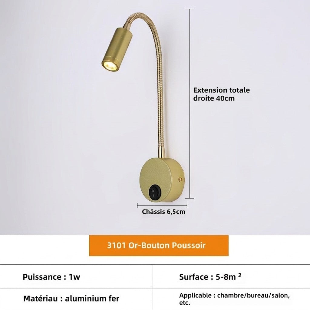 Applique murale LED Lumeoo dorée avec bras flexible col de cygne et interrupteur, idéale pour la lecture.