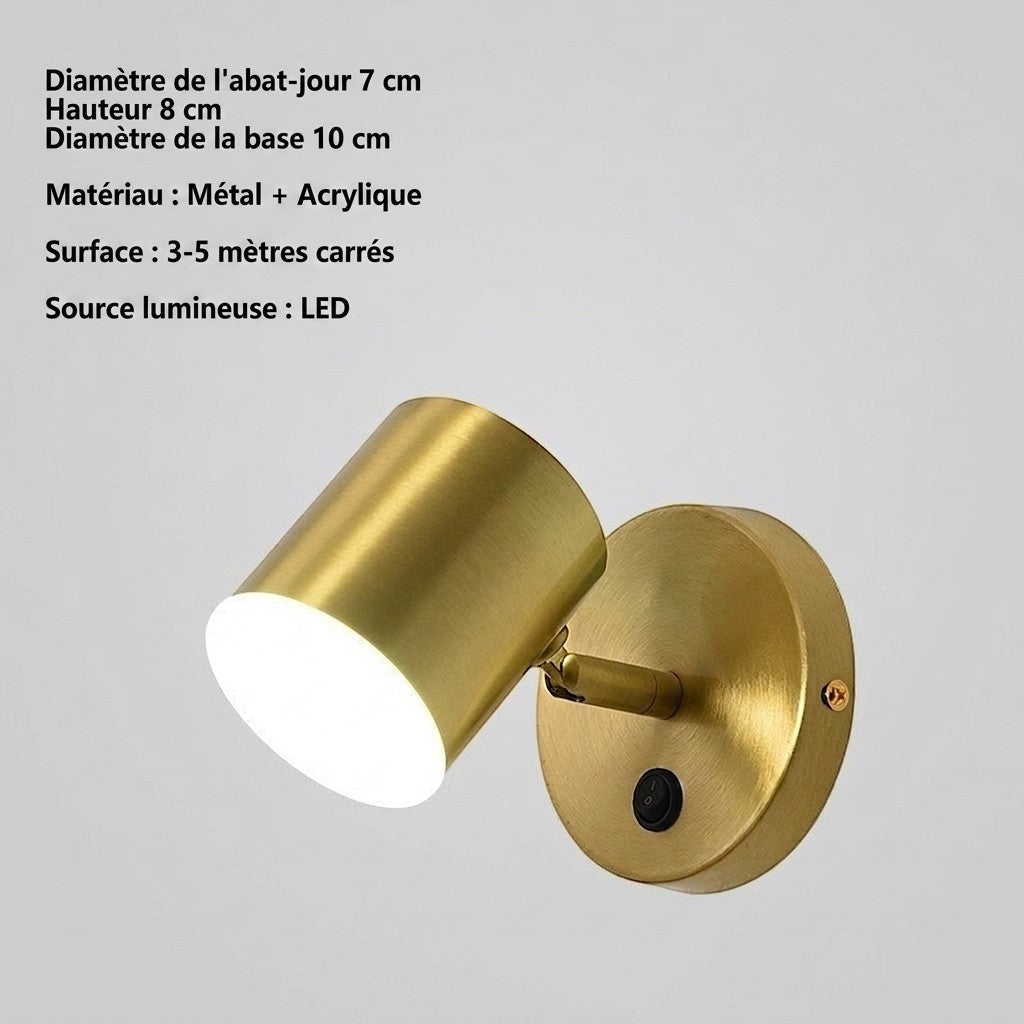 Applique murale LED Lumeoo pivotante en métal doré, design cylindrique moderne pour éclairage de chevet luxueux