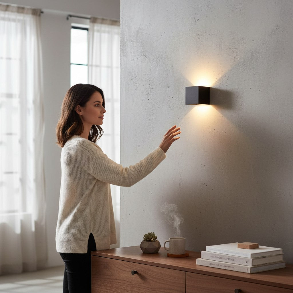 Femme touchant une applique murale LED Lumeoo noire carrée diffusant une lumière chaleureuse sur un mur en béton