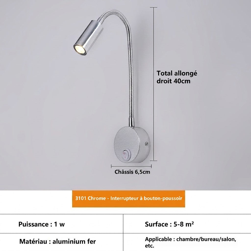 Applique murale Lumeoo LED flexible en aluminium chromé avec col de cygne orientable et interrupteur intégré