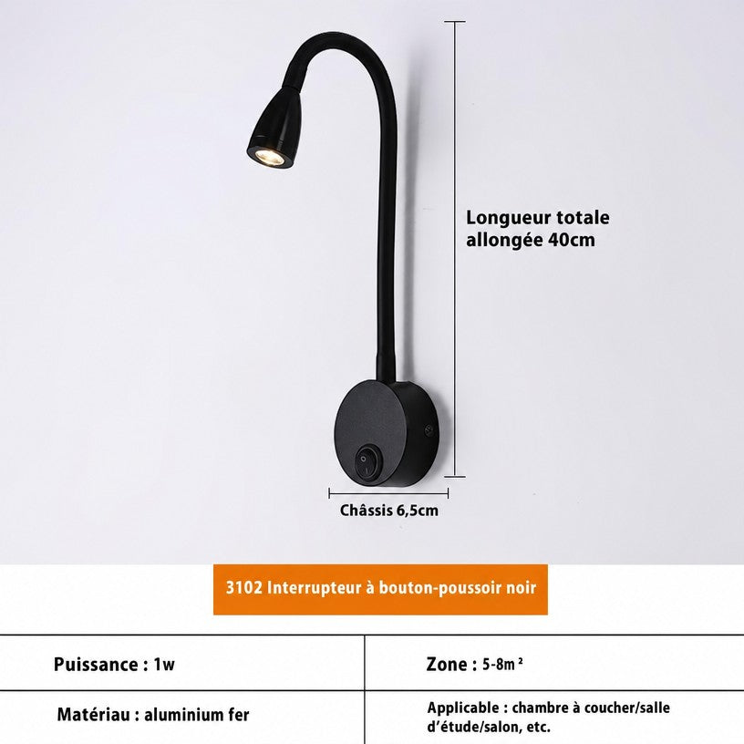 Applique murale LED Lumeoo noire avec bras flexible col de cygne et interrupteur pour éclairage de lecture précis