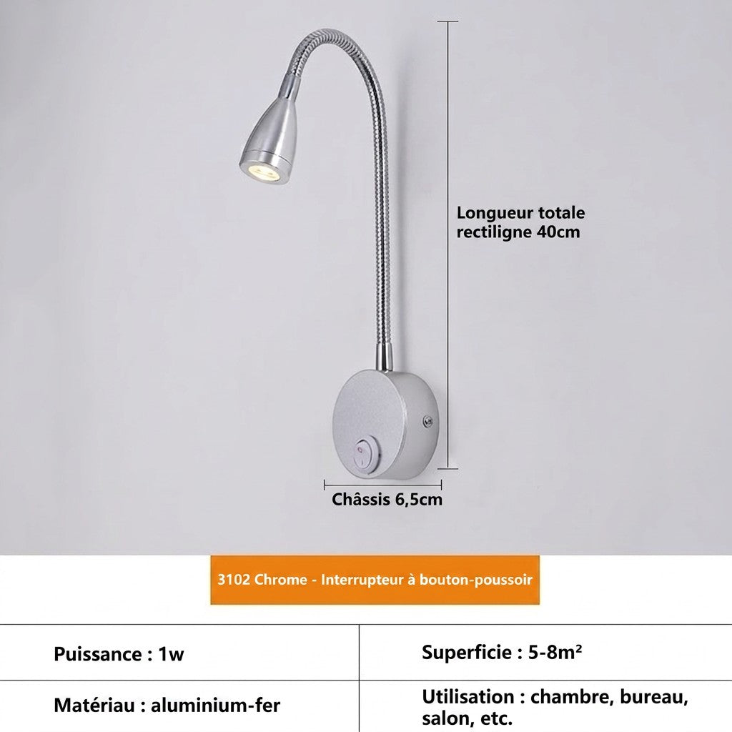 Applique murale Lumeoo FLEXOVA en aluminium chromé avec bras flexible col de cygne et éclairage LED orientable