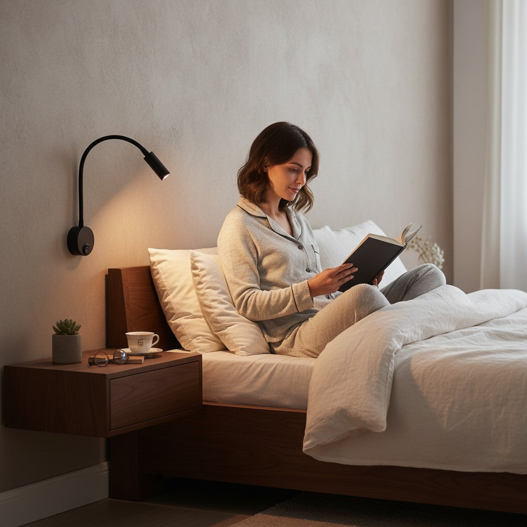 Applique murale LED Lumeoo noire à col de cygne flexible, éclairant une femme lisant un livre dans une chambre moderne.
