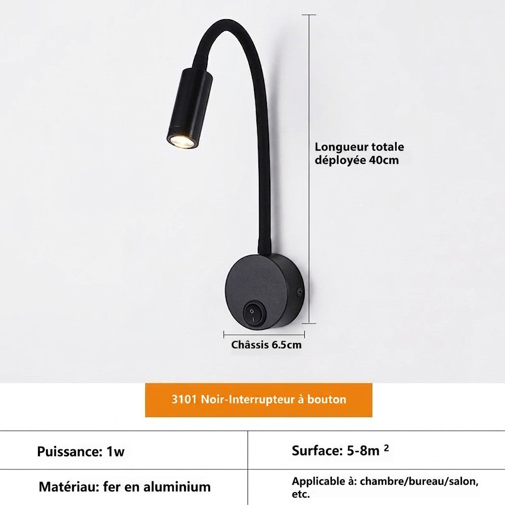 Applique murale LED Lumeoo noire avec bras flexible col de cygne et interrupteur pour éclairage de lecture précis