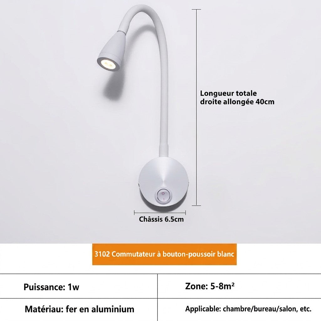 Applique murale LED Lumeoo blanche avec bras flexible col de cygne orientable et bouton-poussoir pour lecture