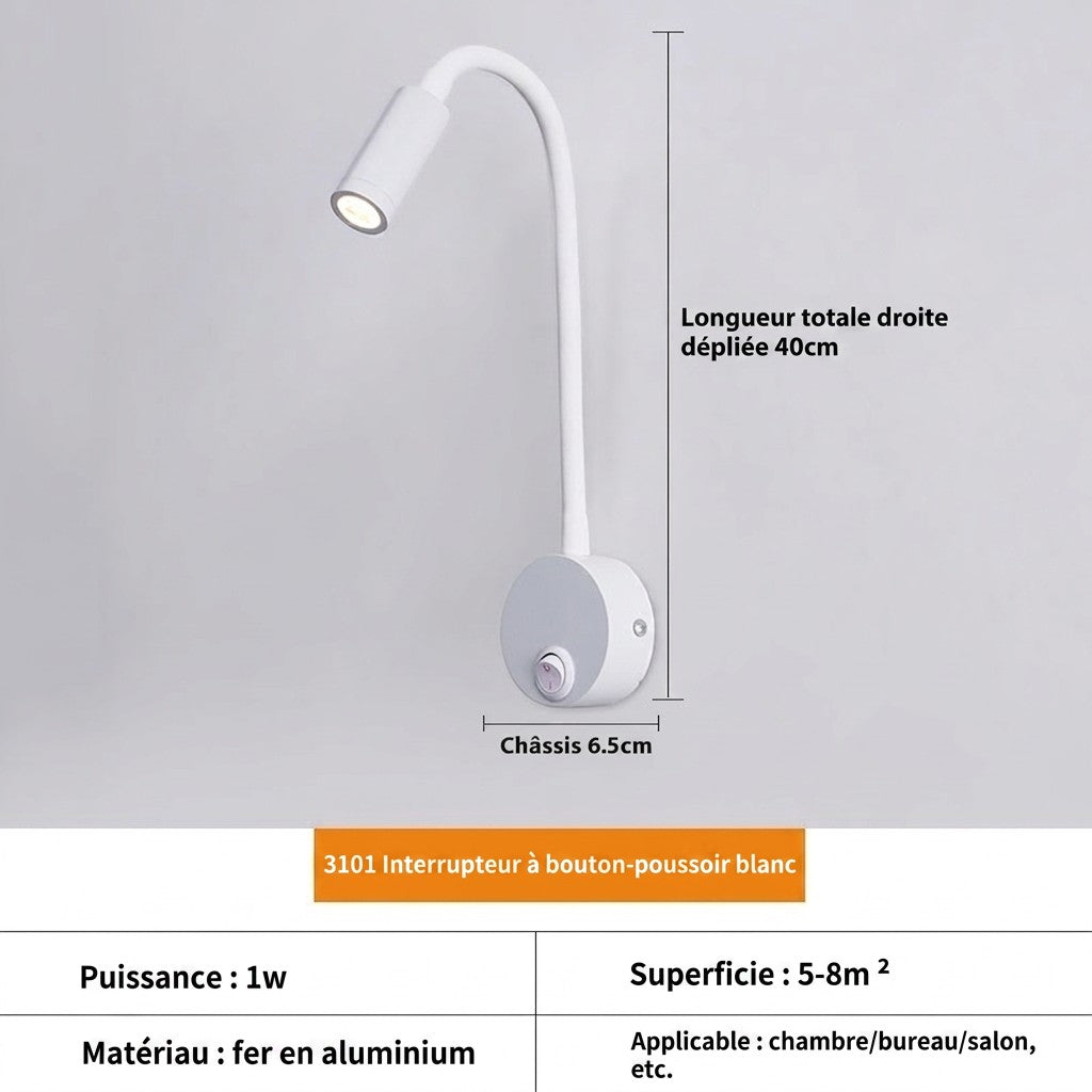 Applique murale LED Lumeoo blanche avec bras flexible col de cygne pour lecture et éclairage directionnel