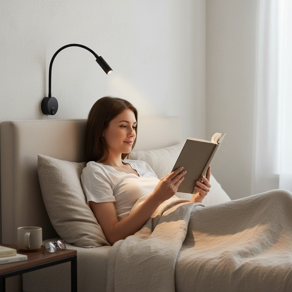 Applique murale LED Lumeoo noire à col de cygne flexible, installée au-dessus d'un lit pour la lecture.