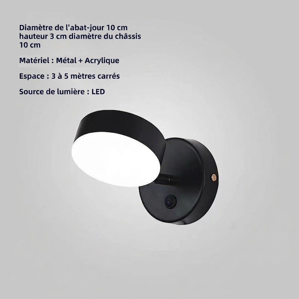 Applique murale LED Lumeoo pivotante noire en métal et acrylique avec interrupteur intégré pour éclairage de chevet
