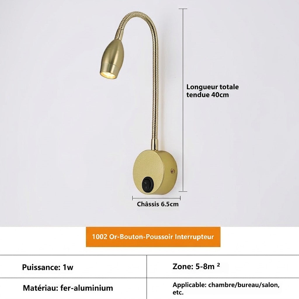 Applique murale LED Lumeoo orientable couleur or avec bras flexible col de cygne et interrupteur intégré