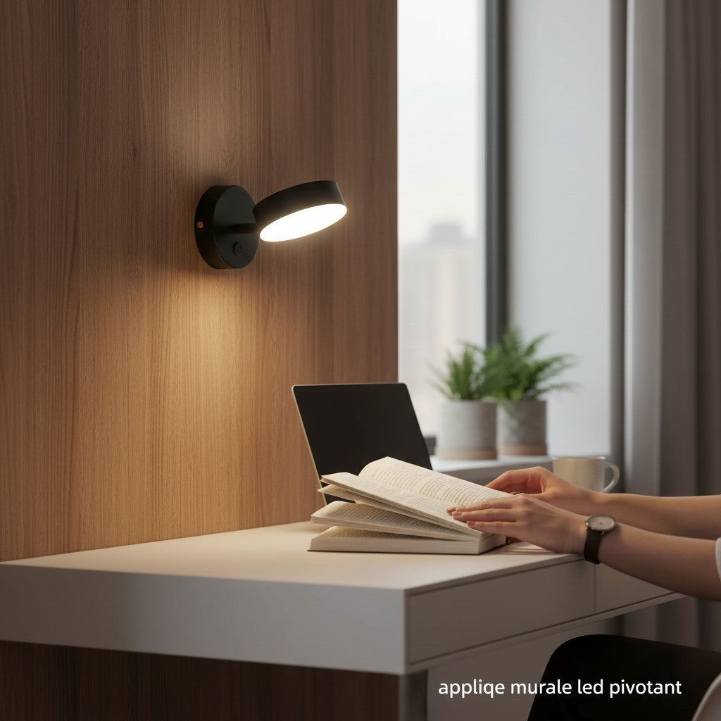 Applique murale LED pivotante noire Lumeoo installée au-dessus d'un bureau pour un éclairage de lecture précis Image