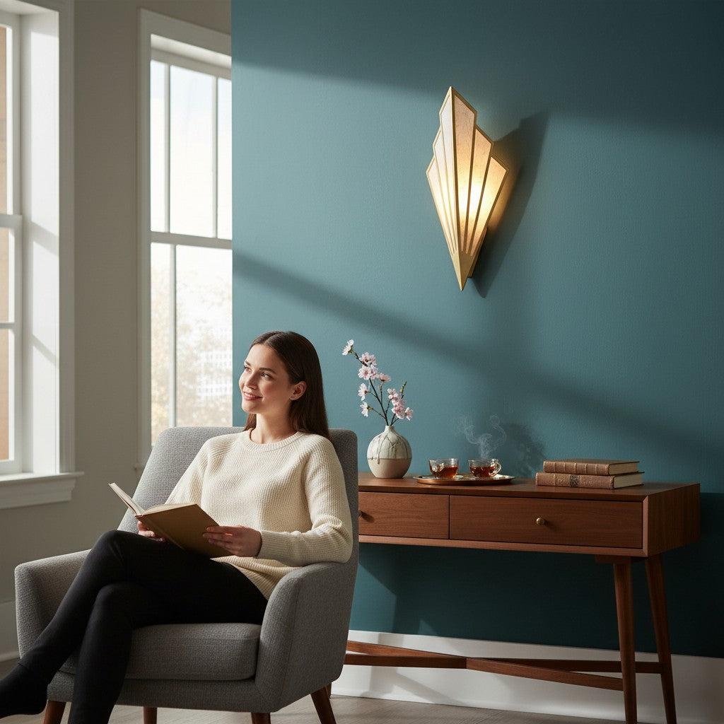 Applique murale LED triangulaire Lumeoo dorée au design art déco installée dans un salon moderne avec une femme assise Image