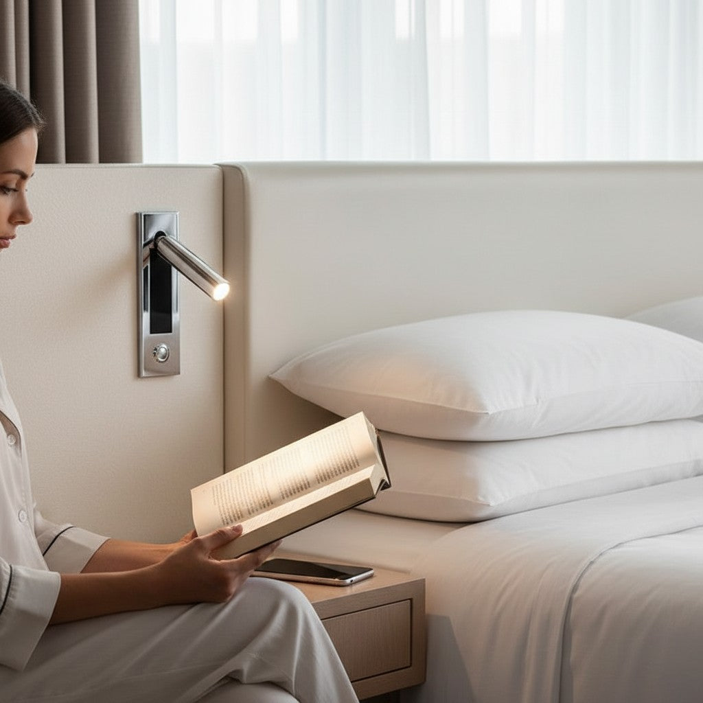 Femme lisant un livre avec l'applique murale liseuse Lumeoo orientable au design chromé dans une chambre moderne Image
