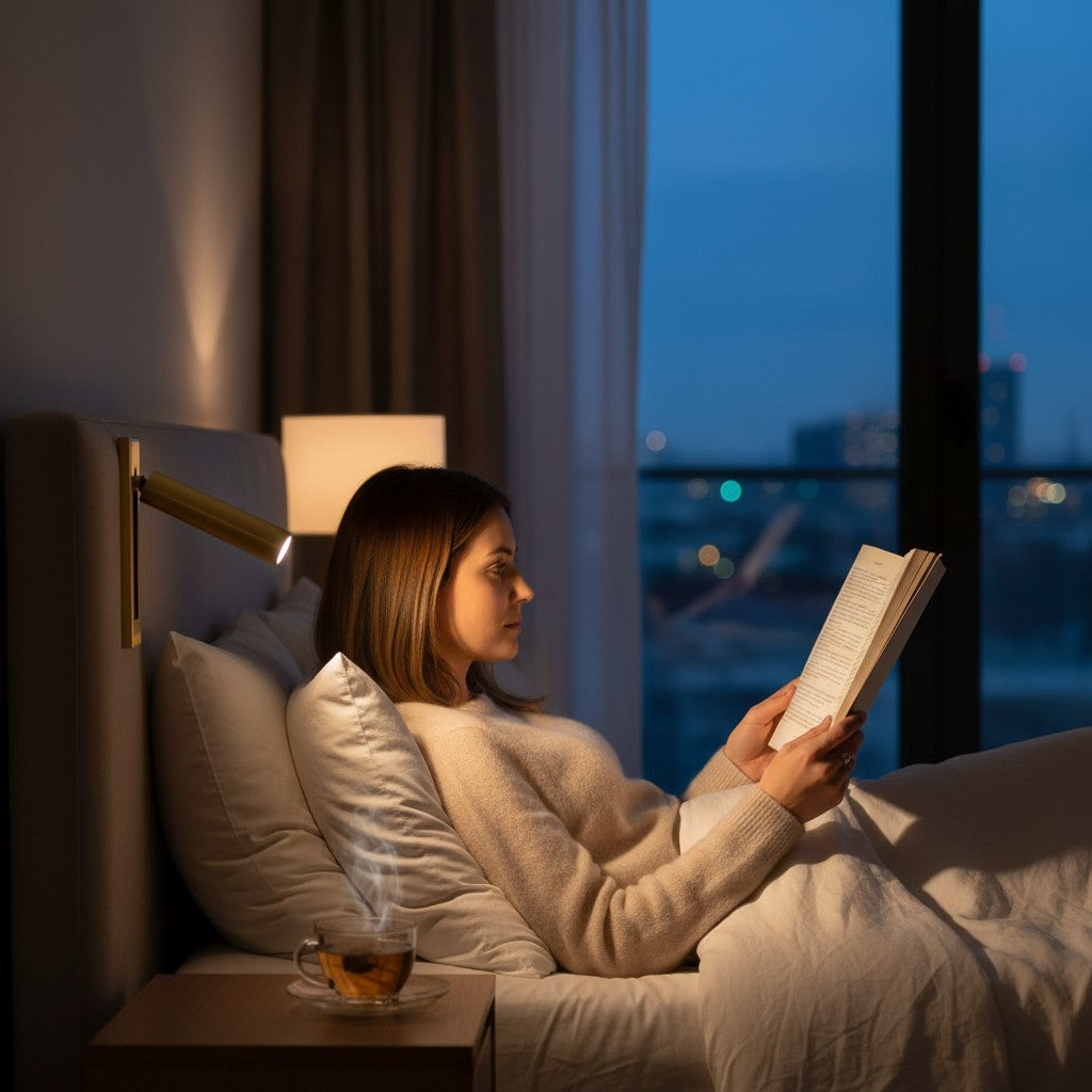 Femme lisant au lit avec l'applique murale liseuse Lumeoo dorée orientable pour une ambiance de chambre apaisante.