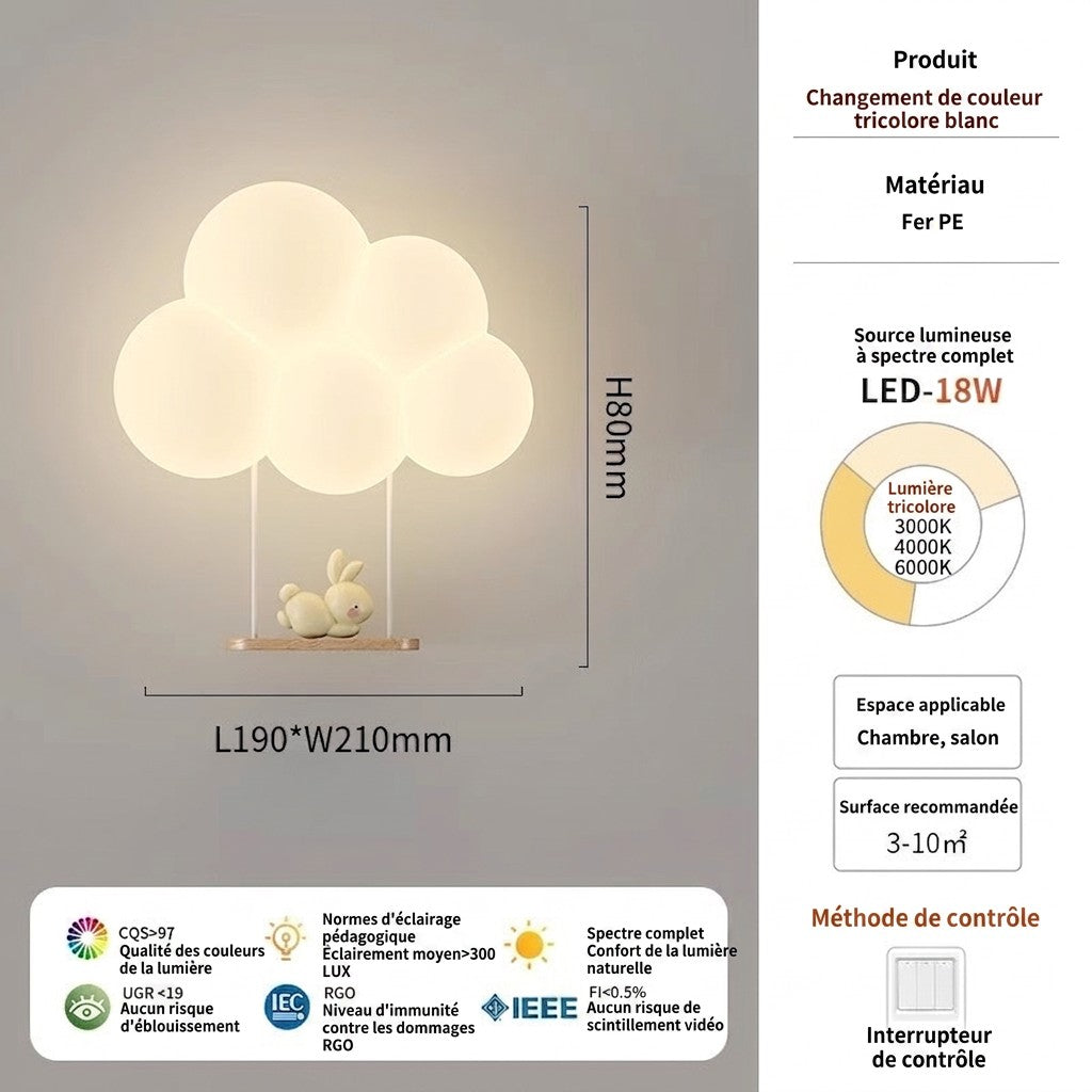 Applique murale Lumeoo KIDIWALL en forme de nuage blanc avec petit lapin, éclairage LED plein spectre pour chambre enfant