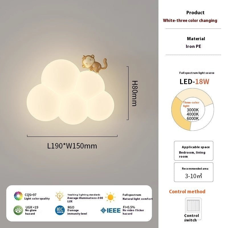 Applique murale Lumeoo KIDIWALL en forme de nuage avec un petit singe, éclairage LED plein spectre pour chambre enfant