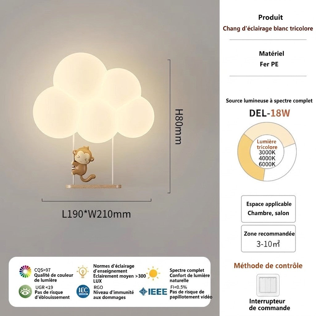 Applique murale Lumeoo KIDIWALL en forme de nuage avec petit singe, éclairage LED plein spectre pour chambre d'enfant