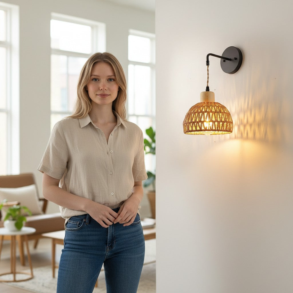 Applique murale Lumeoo en rotin et corde chanvre, style bohème, installée dans un intérieur lumineux et chaleureux.