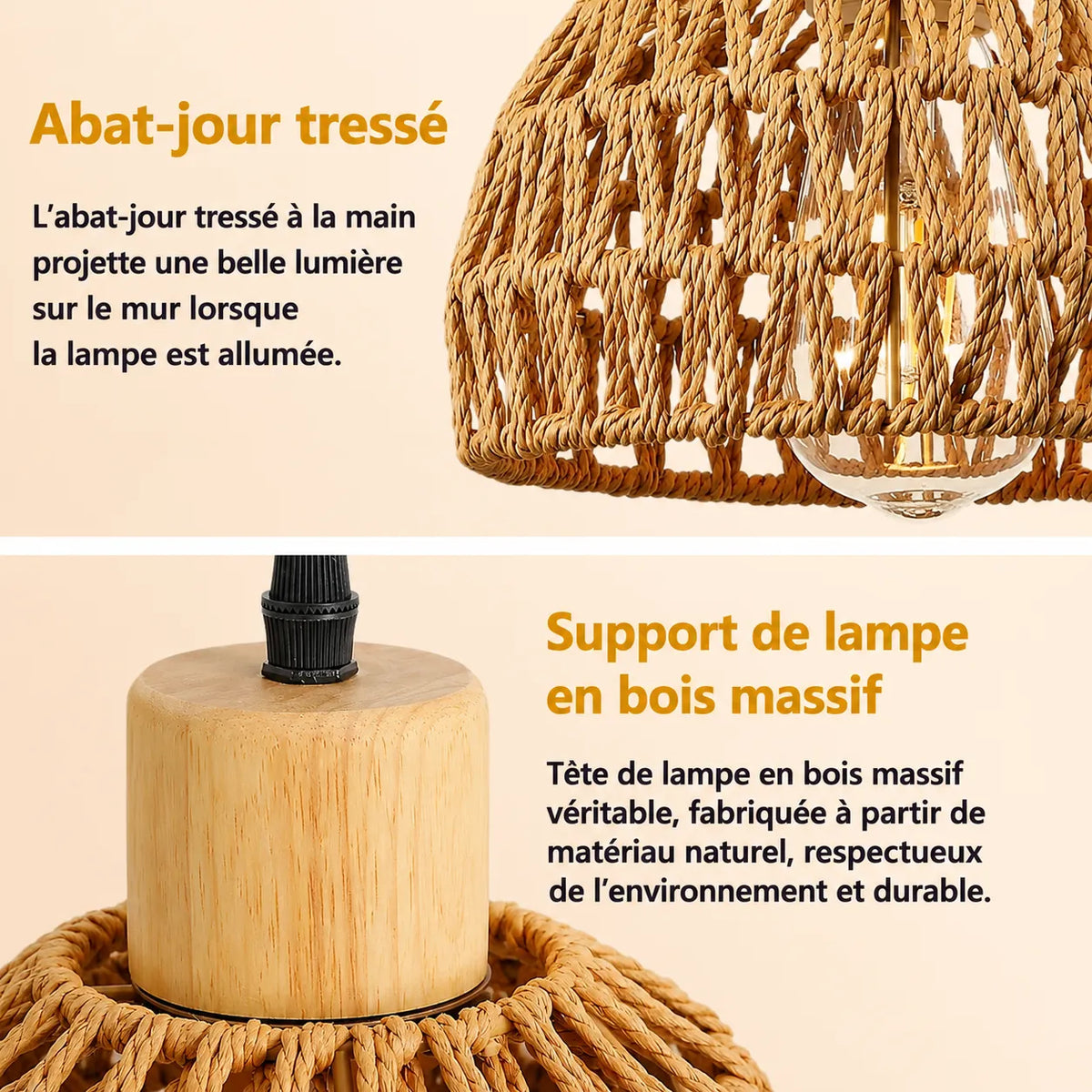 Applique murale Lumeoo en rotin tressé et bois massif, style bohème vintage avec corde de chanvre, lumière chaleureuse