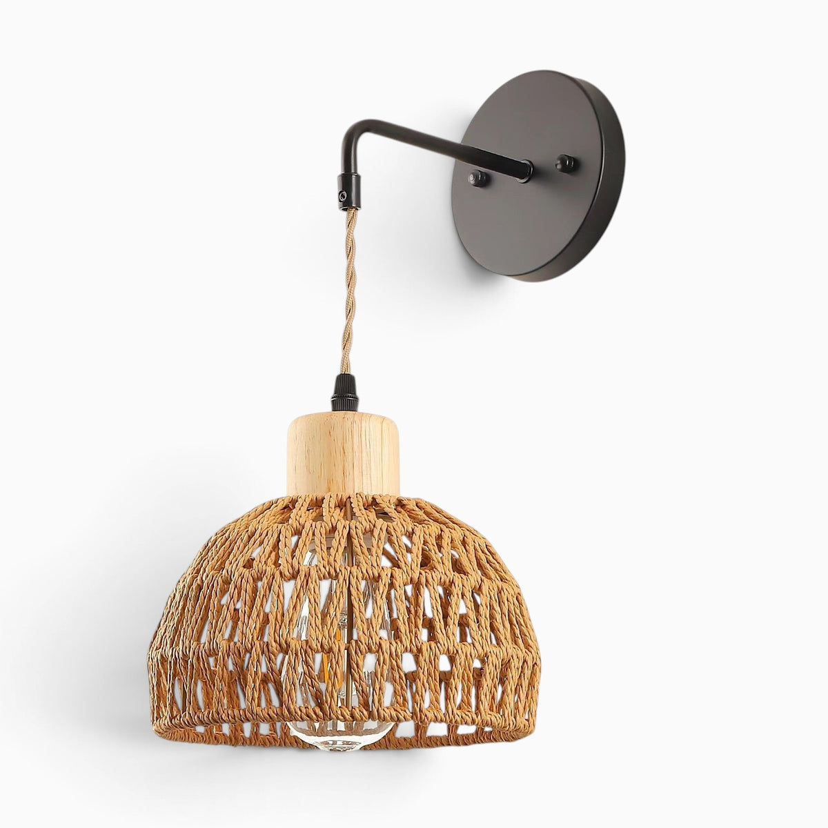 Applique murale Lumeoo en rotin et corde de chanvre avec support noir, style bohème vintage pour éclairage chaleureux
