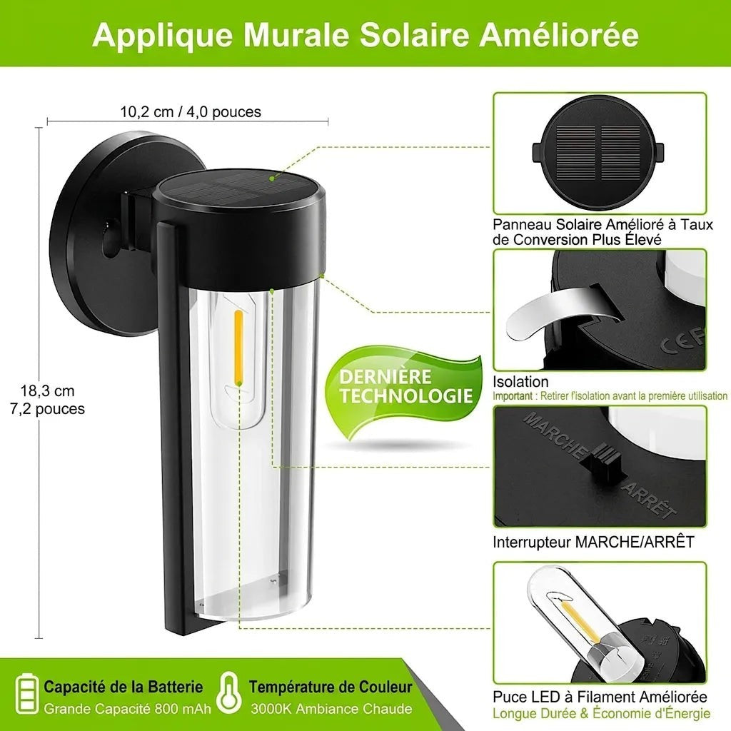 Applique murale solaire Lumeoo noire avec ampoule filament LED, panneau solaire et dimensions techniques détaillées