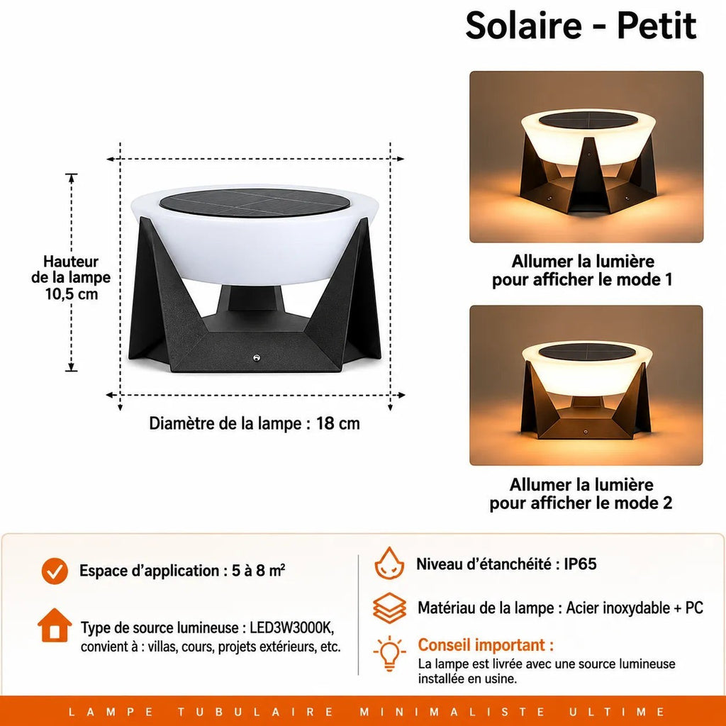 Borne éclairage extérieur solaire Lumeoo PILLAREX noire en acier et polycarbonate, étanche IP65 pour jardin et allées.