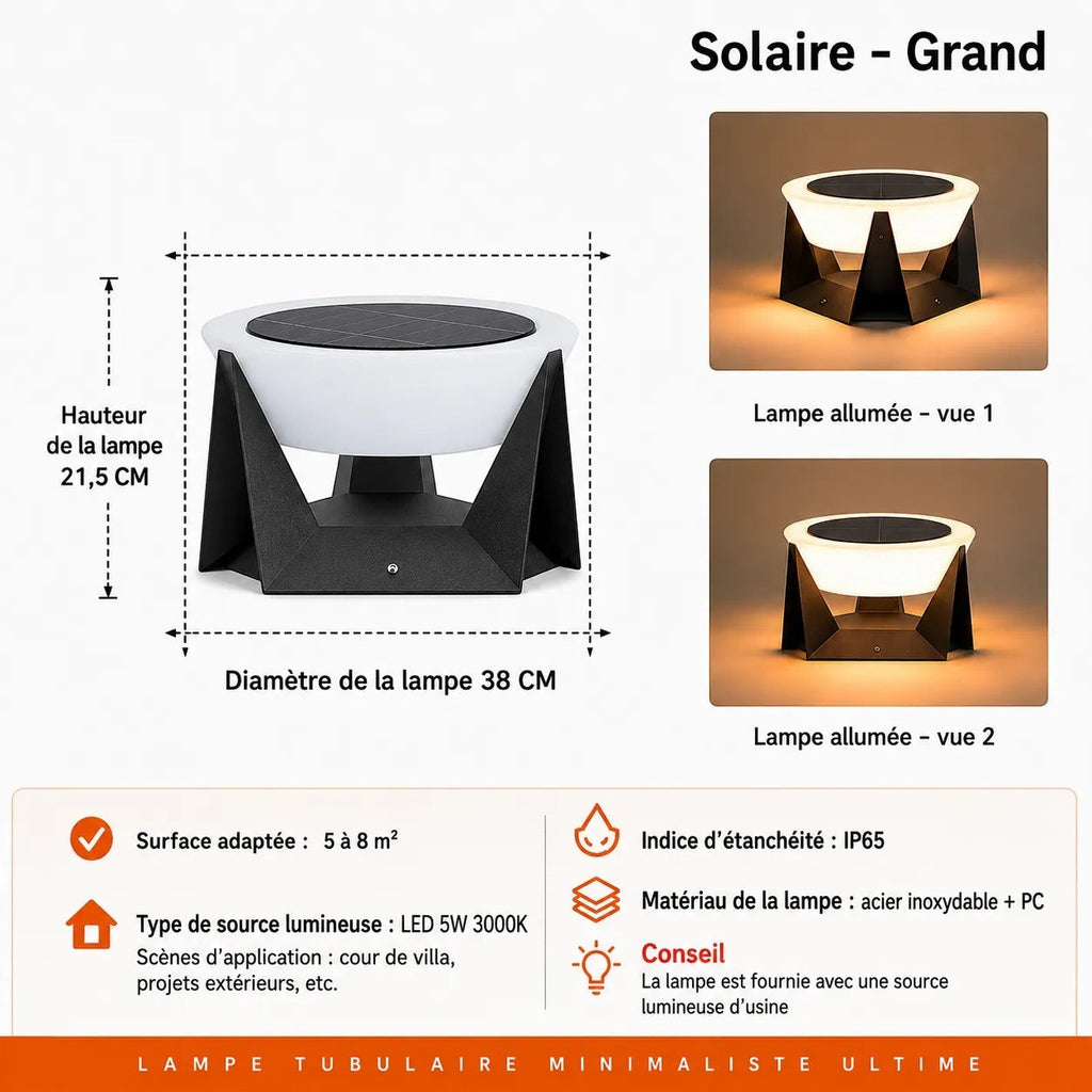 Borne solaire Lumeoo PILLAREX noire en acier et polycarbonate avec éclairage LED 3000K pour jardin et allées