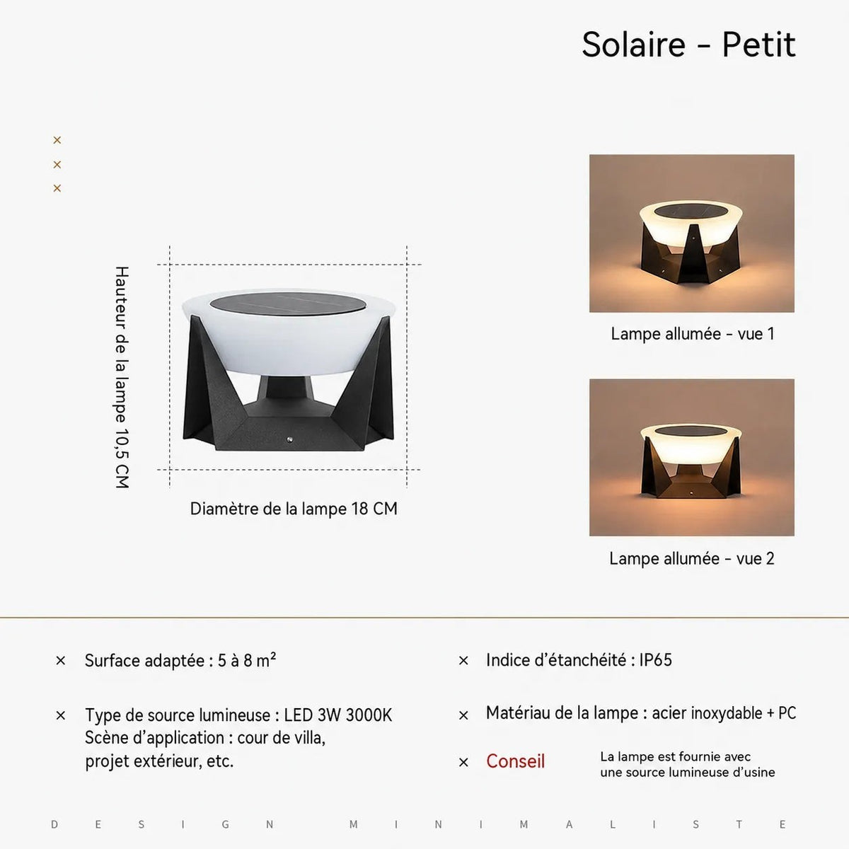 Borne d'éclairage extérieur solaire Lumeoo PILLAREX en acier inoxydable noir avec diffuseur LED blanc, design moderne.