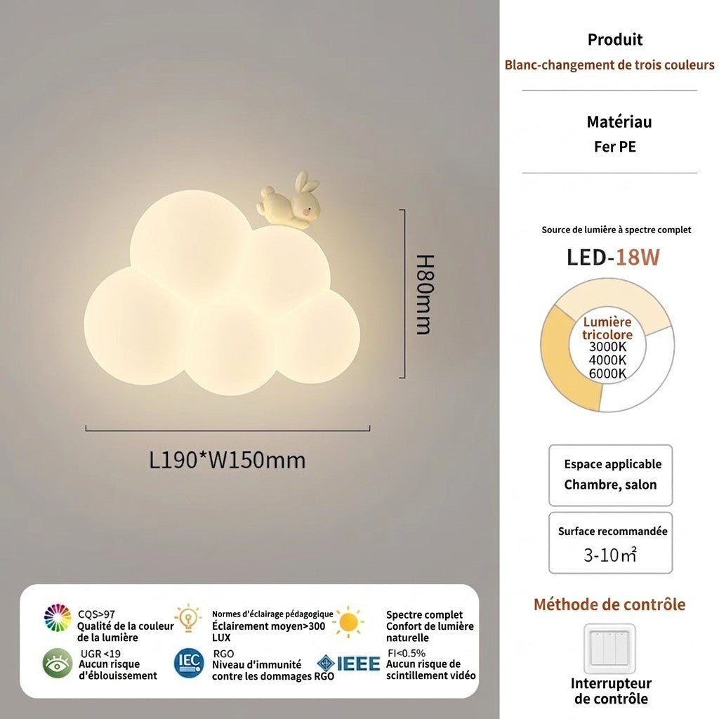 Applique murale Lumeoo KIDIWALL en forme de nuage blanc avec un petit lapin, éclairage LED plein spectre pour enfant