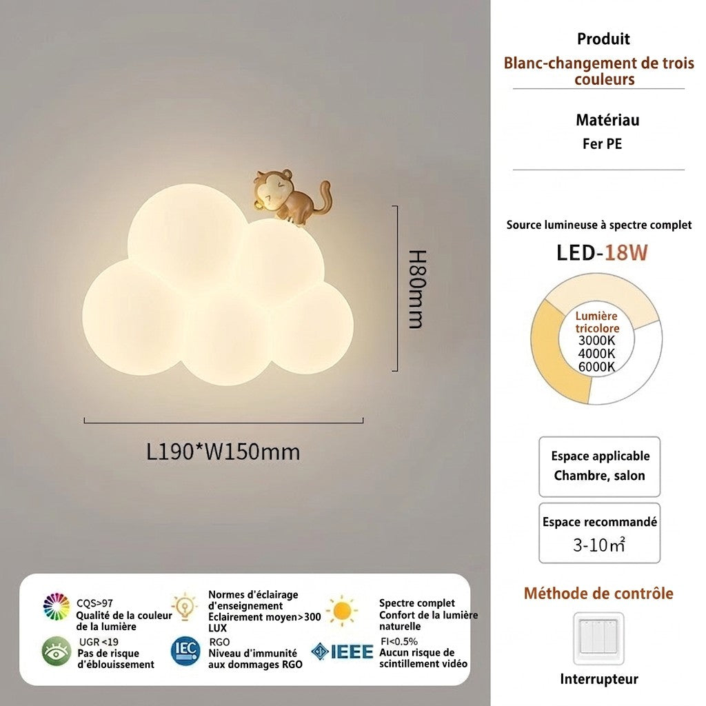Applique murale Lumeoo KIDIWALL en forme de nuage avec petit singe, éclairage LED plein spectre pour chambre d'enfant