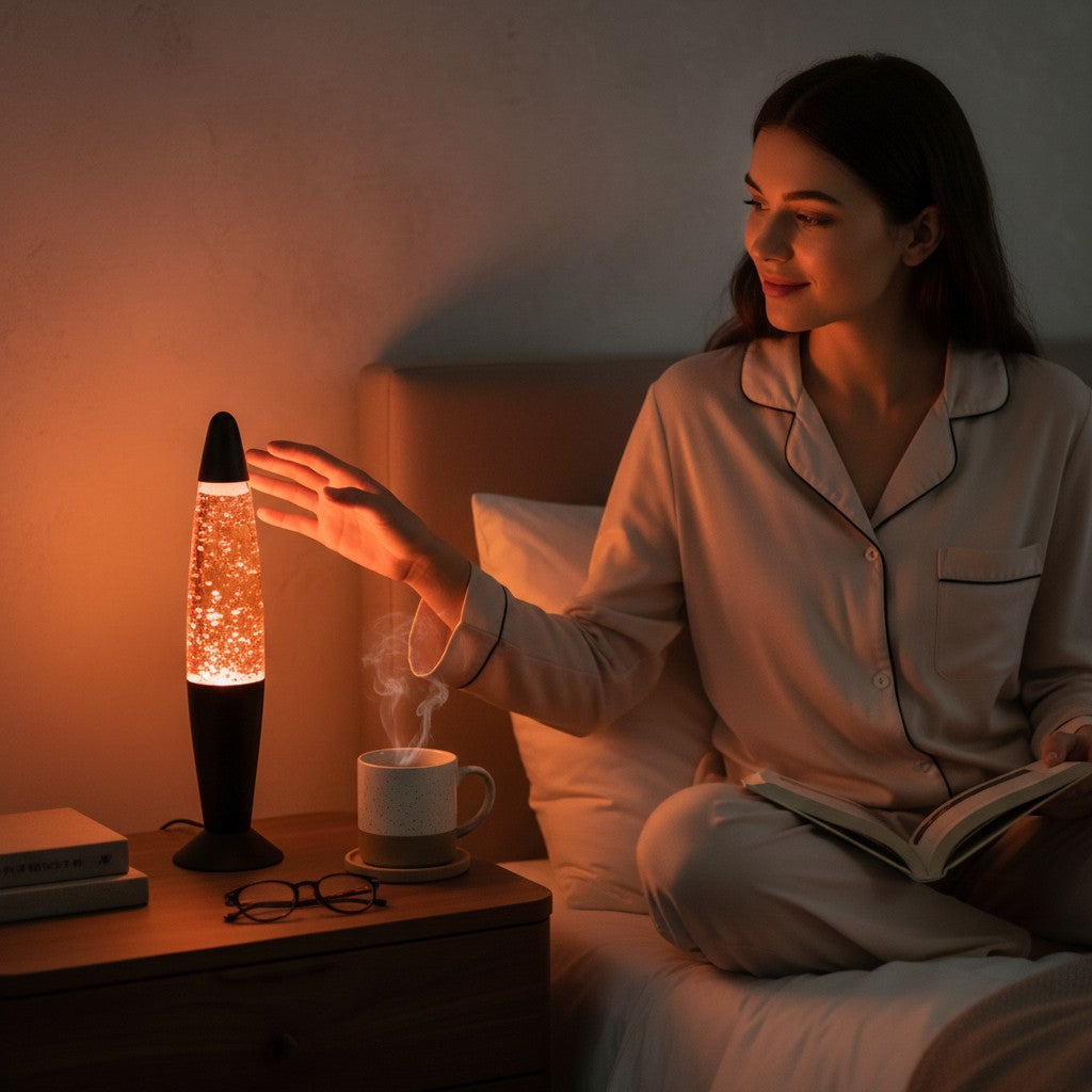 Femme en pyjama lisant près d'une lampe à lave Lumeoo orange sur une table de chevet dans une chambre chaleureuse.