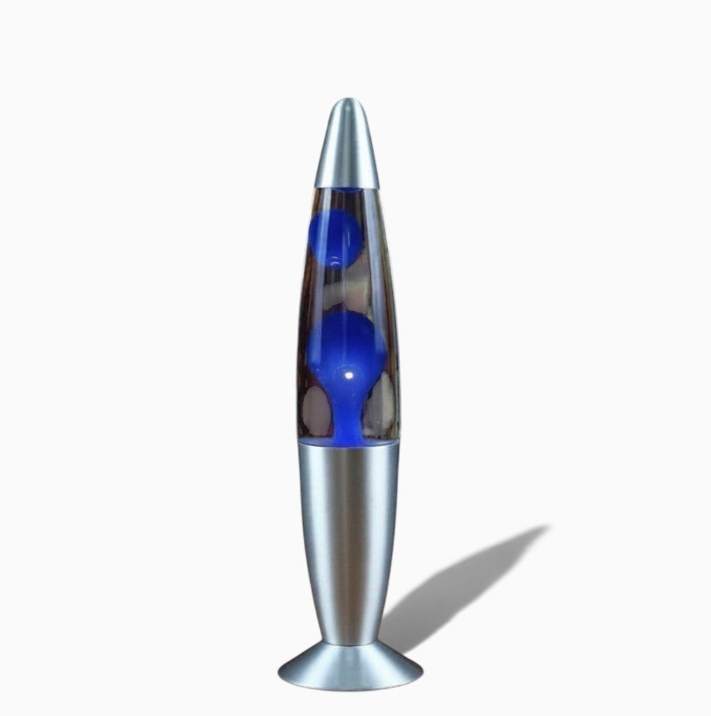 Lampe à lave Lumeoo Vulcano avec cire bleue et base en métal argenté, design décoratif rétro de 33 cm