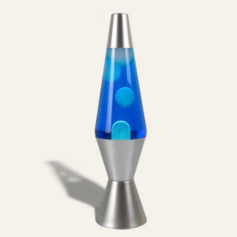 Lampe à lave Lumeoo ERLENOX bleue avec fiole conique en verre et base argentée pour une ambiance relaxante
