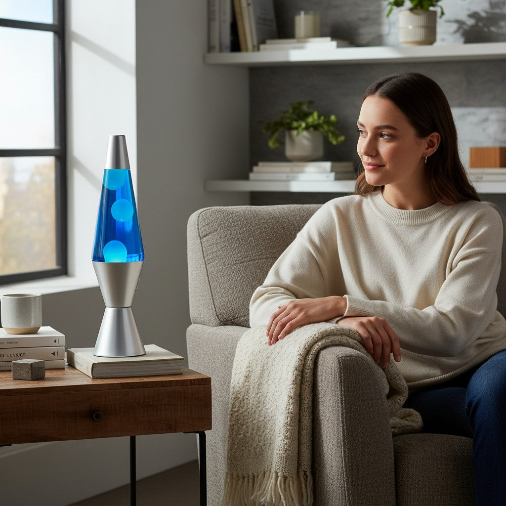 Lampe à lave Lumeoo bleue conique 36cm sur table en bois, femme détendue dans un salon moderne et chaleureux.
