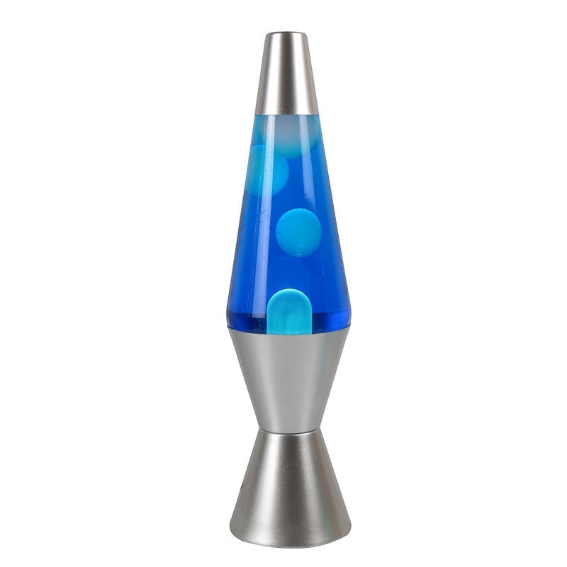 Lampe à lave Lumeoo ERLENOX bleue avec fiole conique en verre et base argentée pour une ambiance relaxante